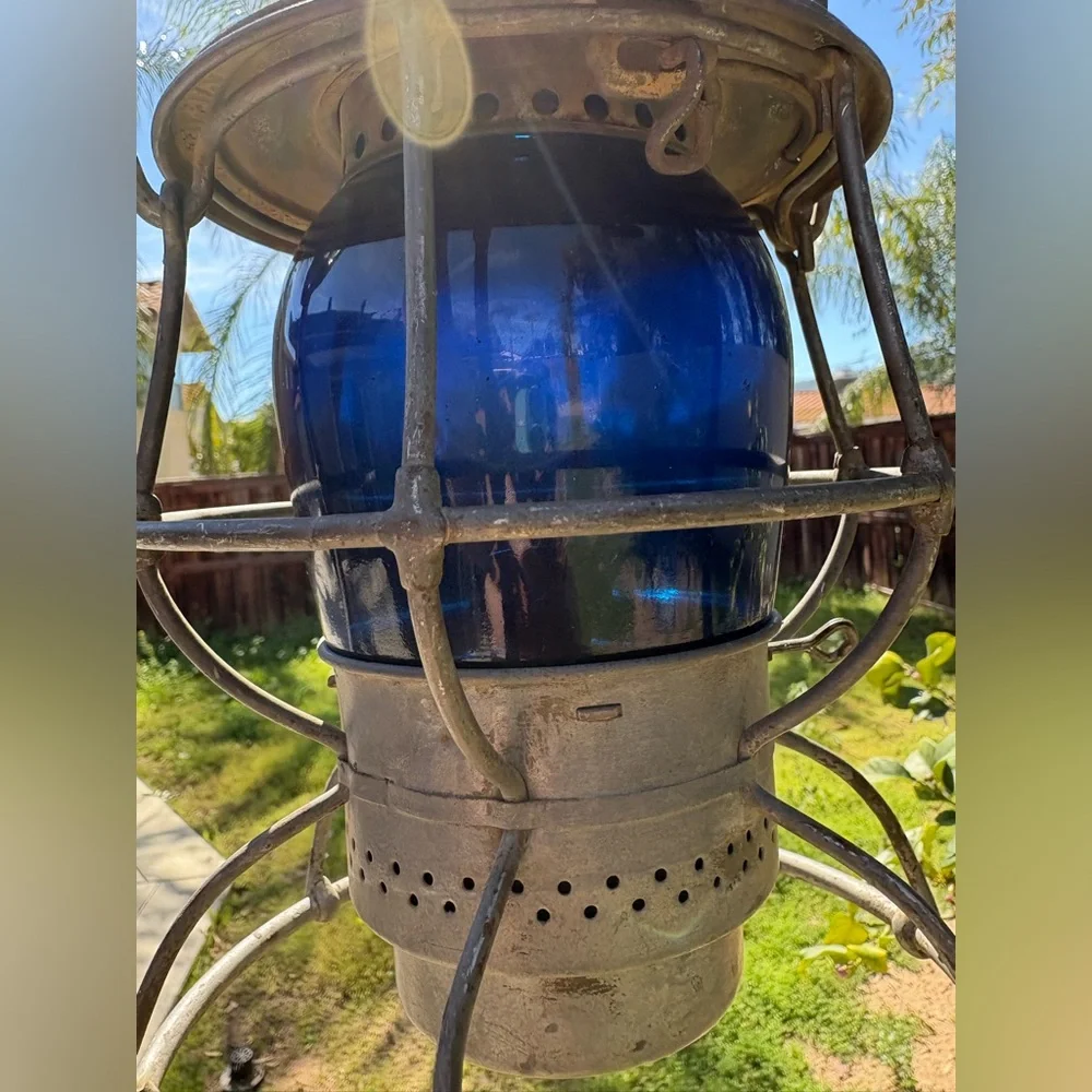 Antique Vintage Railroad Lantern Adlake Reliable Blue Globe American Home Decor
